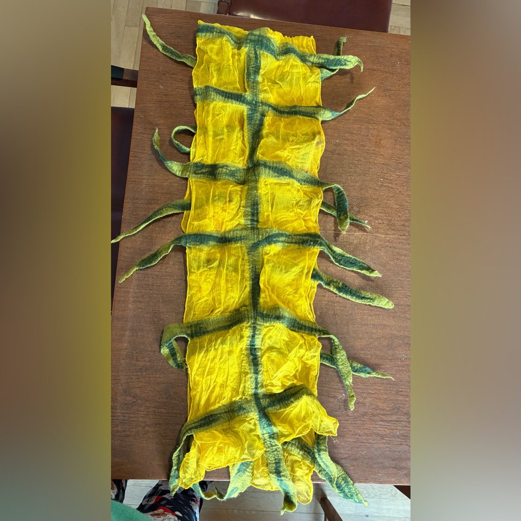 Handmade Raw Yellow Silk Scarf With Felted Green Accents